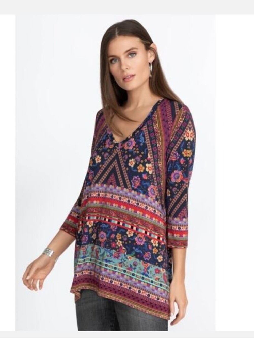 Johnny Was Slinky Bohemian Floral V-Neck Tunic Top Navy Maroon Multi Bamboo XL